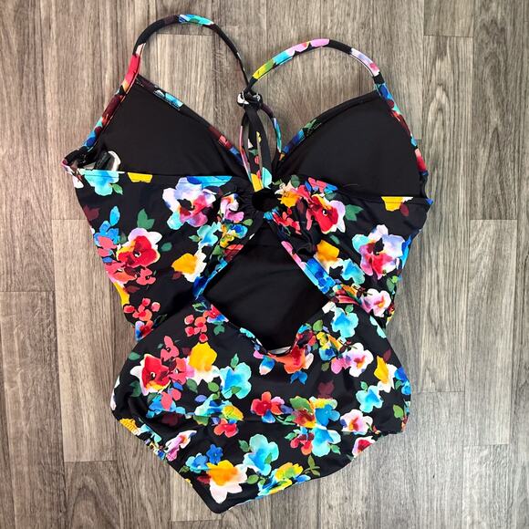 Aqua Green Floral One Piece Swimsuit XL Black Multicolor Ruched Cut-Out Back - Picture 1 of 5